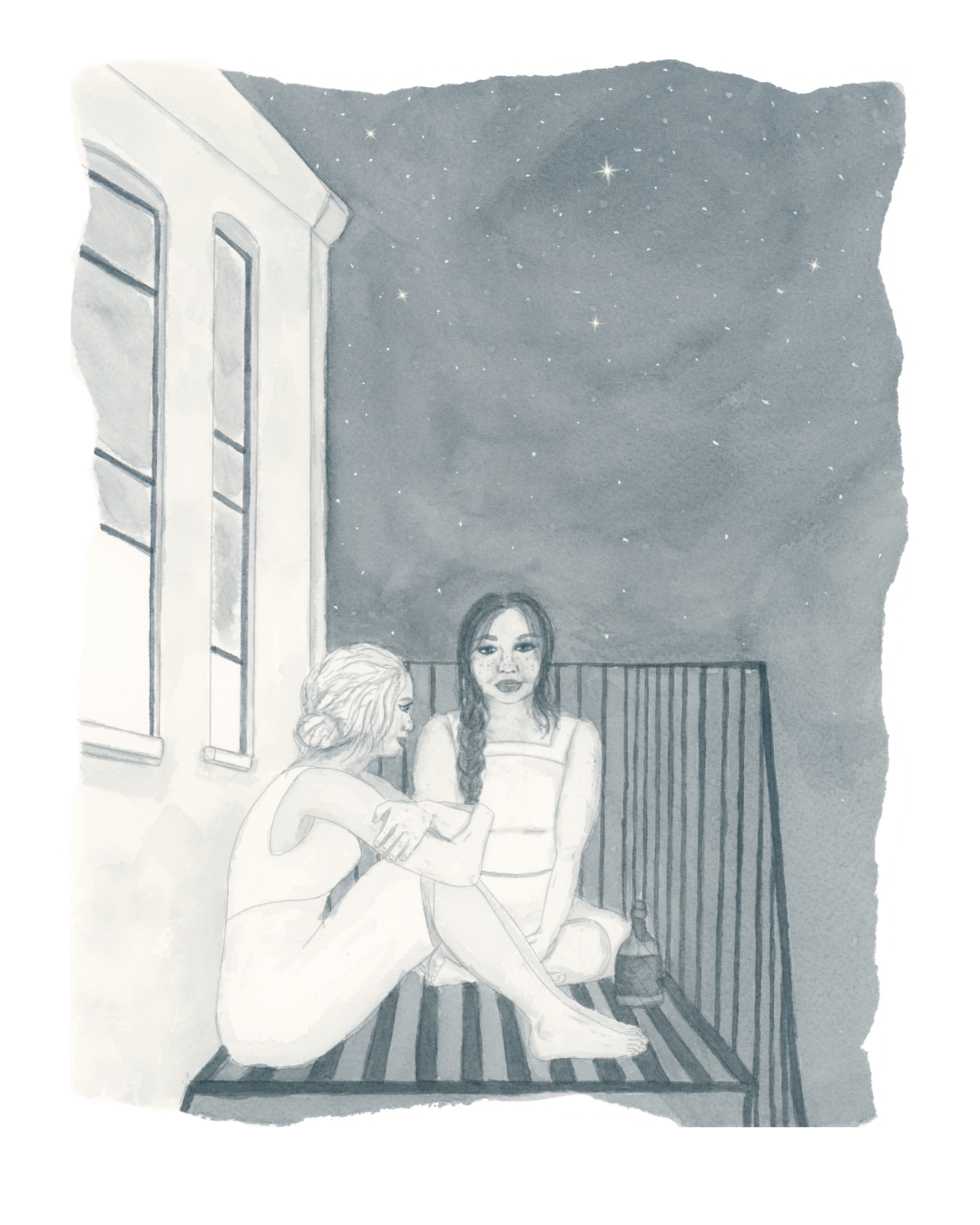 A monochrome watercolor-style illustration of two women sitting on a fire ecape at night under a starry sky, with a window visible on the left.