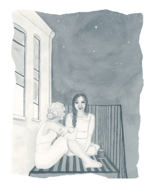 A monochrome watercolor-style illustration of two women sitting on a fire ecape at night under a starry sky, with a window visible on the left.
