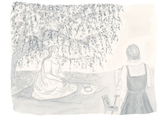 A monochrome watercolor-style illustration on a white background, showing a seated woman under a leafy tree beside another woman standing at an easel, rendered in soft gray and beige tones.