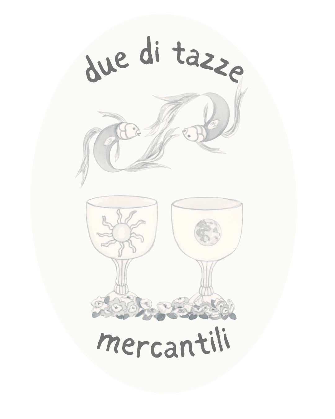 A circular logo or label design with the Italian text 'due di tazze' at the top and 'mercantili' at the bottom, surrounding a central illustration of two fish facing each other above two wine glasses decorated with a sun and moon motif.