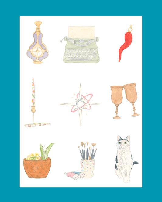 A watercolor-style illustration sheet featuring nine small decorative motifs on a white square: a perfume bottle, typewriter, Italian cornicello, candle, star burst, two clinking glasses, a potted plant, artist brushes, and a cat. 